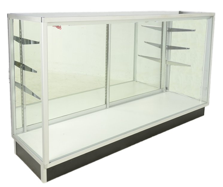 A MERCHANT'S GLASS LIGHTED SHOWCASE DISPLAY CABINET Ver: A MERCHANT'S GLASS LIGHTED SHOWCASE DISPLAY CABINET 21st Century A glass display case with three rows of shelf brackets and solid sliding rear door. Wired for electricity. 38 x 70 x 20 inches Very goo