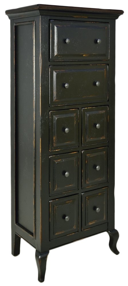 AN ANTIQUE HAND PAINTED HIGHBOY DRESSER CHEST Good cond: AN ANTIQUE HAND PAINTED HIGHBOY DRESSER CHEST Early 20th Century The stepped rectilinear top is supported by a painted, conforming body housing eight beveled drawers with metal pulls; raised on cabrio
