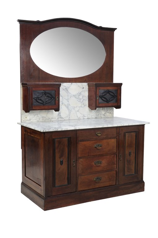 AN ANTIQUE GERMAN STYLE WASHSTAND DRESSER WITH MARBLE: AN ANTIQUE GERMAN STYLE WASHSTAND DRESSER WITH MARBLE Early 20th Century A fine antique German style washstand has an oval mirror with two suspended cabinets having ebonized wood details, with a marbl