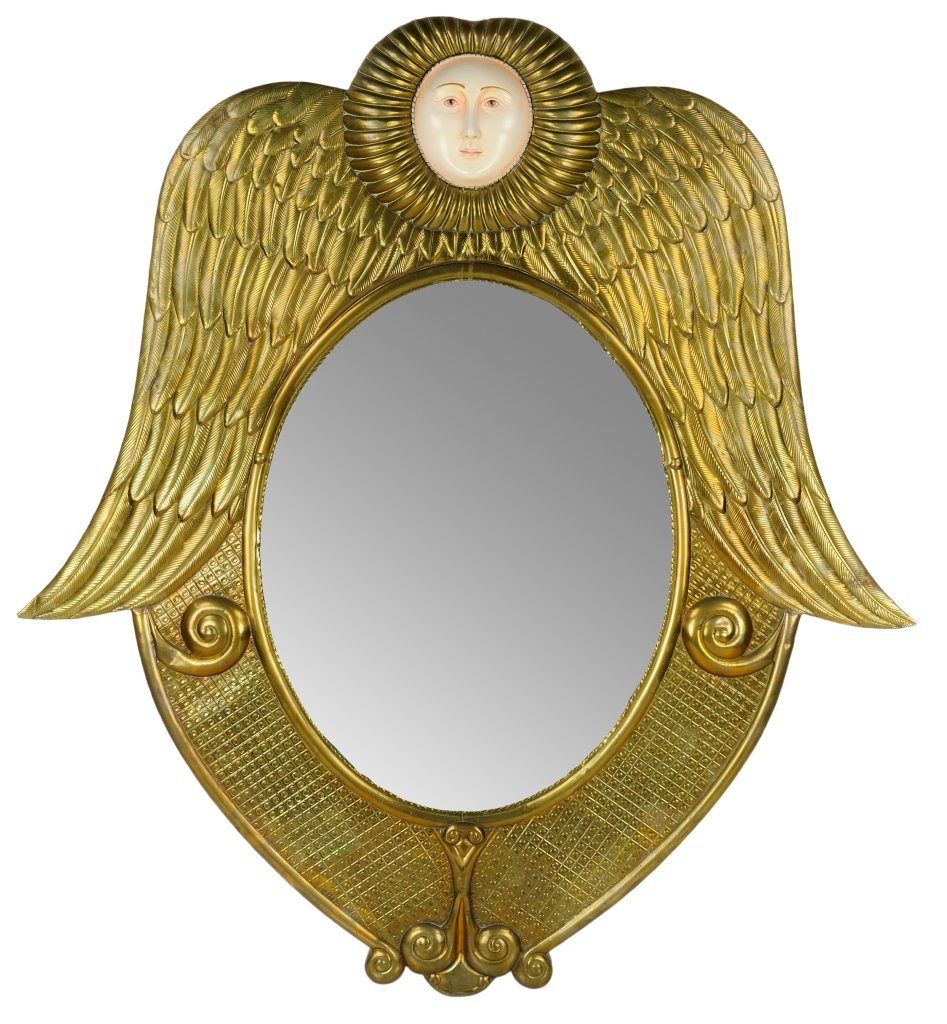 SERGIO BUSTAMANTE (Mexican, 1942-PRESENT) MIRROR: SERGIO BUSTAMANTE (Mexican, 1942-PRESENT) MIRROR Repousse and polychromed sheet brass, signed and numbered ""SERGIO BUSTAMANTE 11/100"". 59½ x 55 x 3 inches