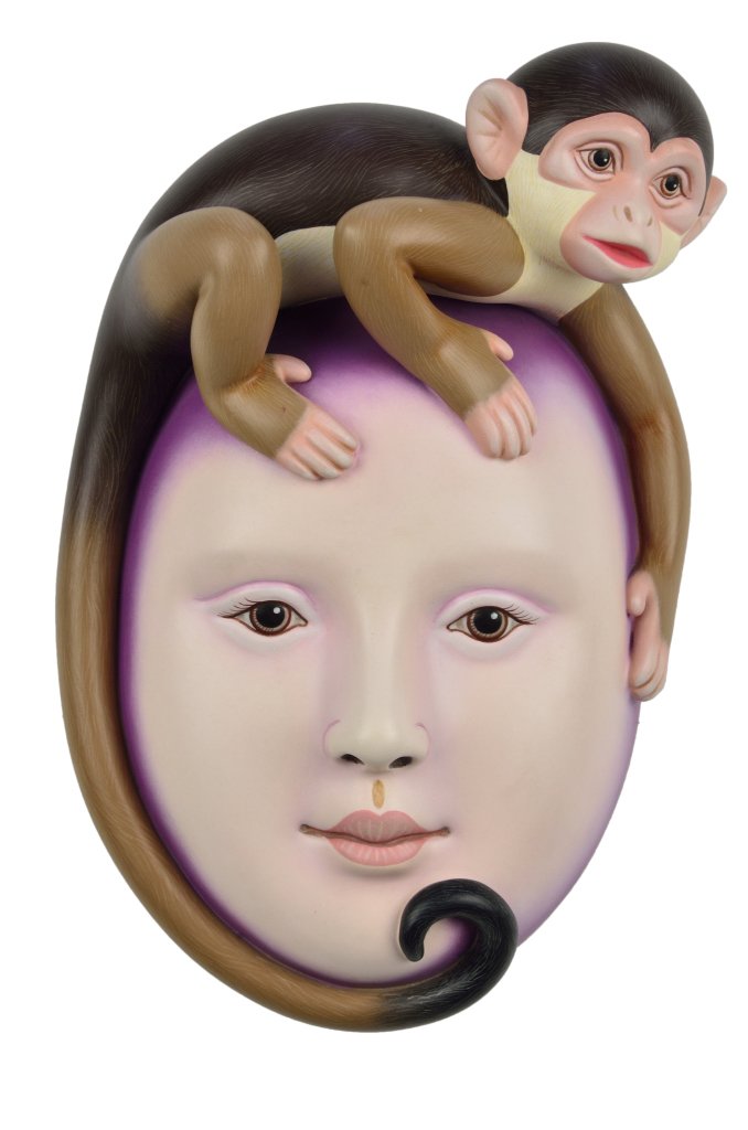SERGIO BUSTAMANTE (Mexican, 1942-PRESENT) "WOMAN MASK W: SERGIO BUSTAMANTE (Mexican, 1942-PRESENT) ""WOMAN MASK WITH MONKEY"" ""WOMAN MASK WITH MONKEY"" (""MASCARA FEMENINA CON CHANGO"") Polychromed ceramic, signed and numbered ""SERGIO BUSTAMANTE 75/100 ©