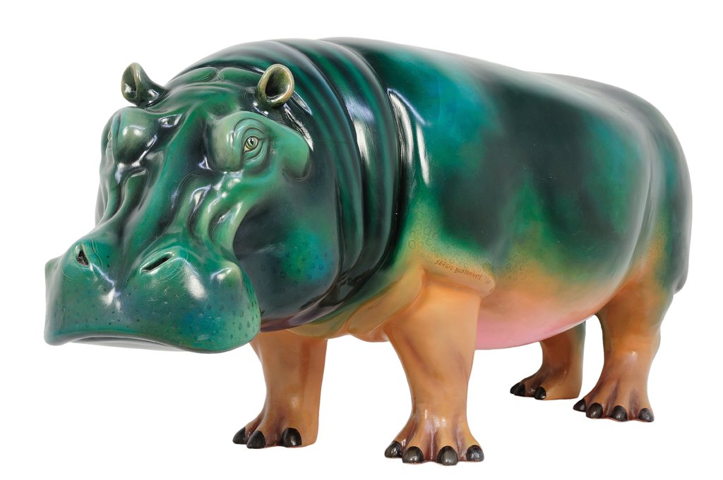 SERGIO BUSTAMANTE (Mexican, 1942-PRESENT) "HIPPOPOTAMUS: SERGIO BUSTAMANTE (Mexican, 1942-PRESENT) ""HIPPOPOTAMUS"" ""HIPPOPOTAMUS"" (""HIPOPOTAMO"") Polychromed papier-mache, signed and numbered ""SERGIO BUSTAMANTE 1/100"". 20½ x 19 x 49 inches