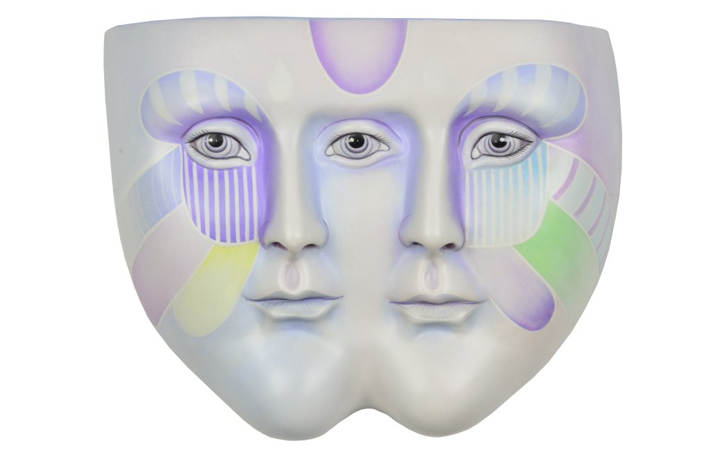SERGIO BUSTAMANTE (Mexican, 1942-PRESENT) "DOUBLE FACE : SERGIO BUSTAMANTE (Mexican, 1942-PRESENT) ""DOUBLE FACE MASK"" ""DOUBLE FACE MASK"" (""MASCARA CON DOS ROSTROS"") Polychromed ceramic, signed and numbered ""SERGIO BUSTAMANTE A.P. ©"". Provenance: Se