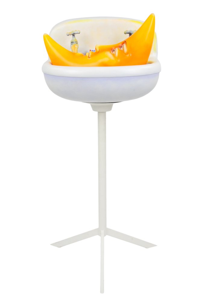 SERGIO BUSTAMANTE (Mexican, 1942-PRESENT) "MOON IN A SI: SERGIO BUSTAMANTE (Mexican, 1942-PRESENT) ""MOON IN A SINK"" ""MOON IN A SINK"" (""LUNA EN EL LAVABO"") Polychromed papier-mache and resine on a plastic tripod, signed and numbered ""SERGIO BUSTAMANTE