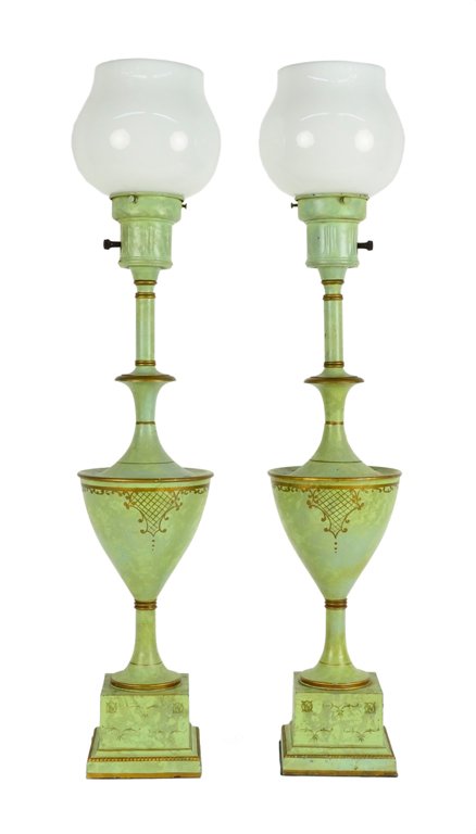 A PAIR OF VINTAGE FRENCH GREEN AND GILT TOLE PAINTED TA: A PAIR OF VINTAGE FRENCH GREEN AND GILT TOLE PAINTED TABLE LAMPS Mid-20th Century, France A pair of vintage metal lamps is painted mint green with gilt painted details with tulip style glass shades an
