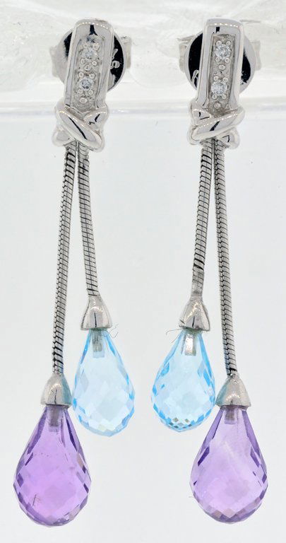 14KT WHITE GOLD DIAMOND, AMETHYST AND TOPAZ EARRINGS Ve: 14KT WHITE GOLD DIAMOND, AMETHYST AND TOPAZ EARRINGS A ladies 14kt white gold diamond earring pair with suspending amethyst and topaz briolettes on a gold chain. Backs are designed as screw backs. Sta