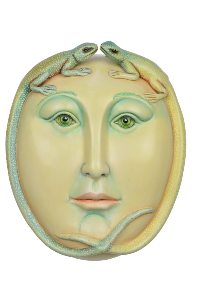 SERGIO BUSTAMANTE (Mexican, 1942-PRESENT) "WOMAN MASK W: SERGIO BUSTAMANTE (Mexican, 1942-PRESENT) ""WOMAN MASK WITH TWO LIZARDS"" ""WOMAN MASK WITH TWO LIZARDS"" Polychromed ceramic, signed and numbered ""SERGIO BUSTAMANTE 4/100"". 11 x 9 x 4½ inches