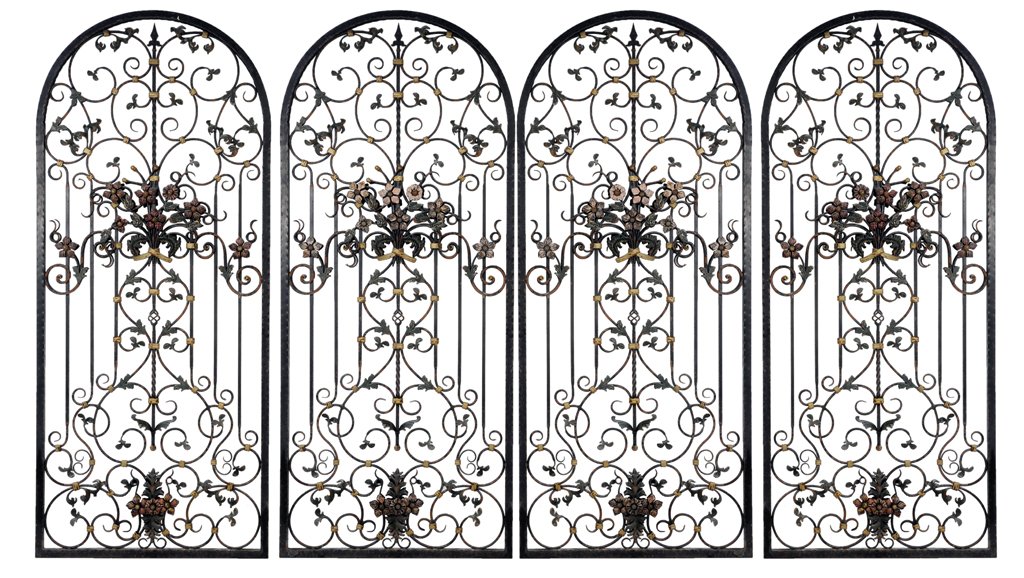 A SET OF FOUR POLYCHROME TOLE AND FERRONIERE TWO SIDED : A SET OF FOUR POLYCHROME TOLE AND FERRONIERE TWO SIDED WINDOW GUARDS The four arched frames, most likely for Palladian style windows, are meant to be in a fixed position and feature polychromed embell