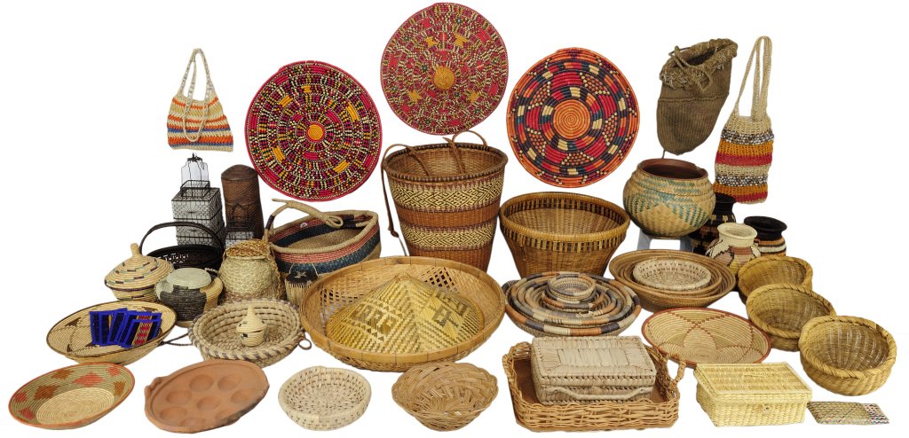 A GROUPING OF AFRICAN HAND WOVEN DECORATIVE BASKETRY: A GROUPING OF AFRICAN HAND WOVEN DECORATIVE BASKETRY 20th Century A grouping of basketry items including a thermos, hats, platters, purses, trays, and a ceramic egg cooker. 17 x 17 inches