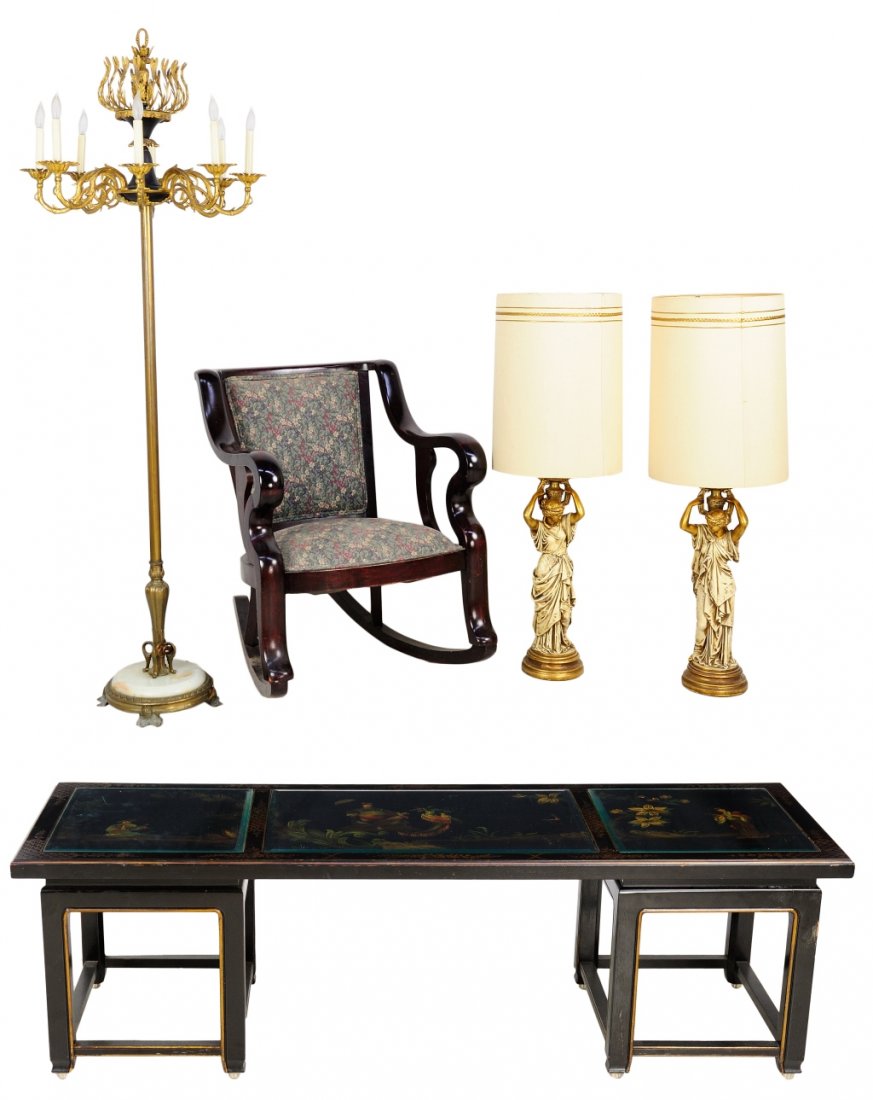 AN ART NOUVEAU ROCKER, CHINOISERIE STYLE TEA TABLE, AND: AN ART NOUVEAU ROCKER, CHINOISERIE STYLE TEA TABLE, AND LEVITON AND GILT BRONZE LAMPS GROUP First half 20th Century A grouping of art nouveau style furniture and decorative lighting including a gilded