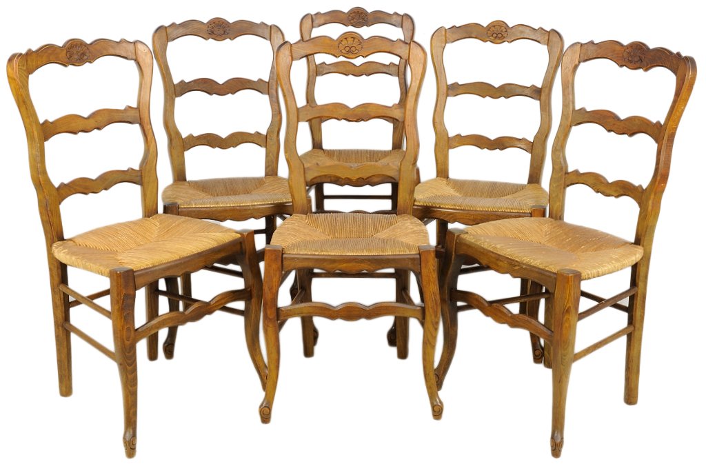 A SET OF SIX LOUIS XV STYLE WOVEN RUSH SEAT LADDERBACK : A SET OF SIX LOUIS XV STYLE WOVEN RUSH SEAT LADDERBACK CHAIRS Late 19th - Early 20th Century, France A fine set of ladder back oak chairs having a shaped crestrail with carved shell center detail, wov