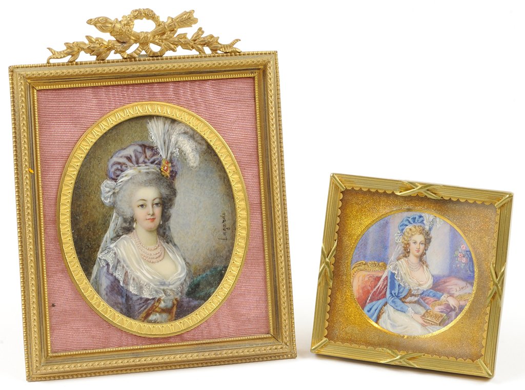 A PAIR OF MINIATURE IVORY PORTRAITS OF MADAME ELIZABETH: A PAIR OF MINIATURE IVORY PORTRAITS OF MADAME ELIZABETH DE FRANCE - SISTER TO KING LOUIS XVI SINGED LAGARDE AND J. JOREL 19th Century, France Two hand painted miniature ivory portraits of Madame Eliza