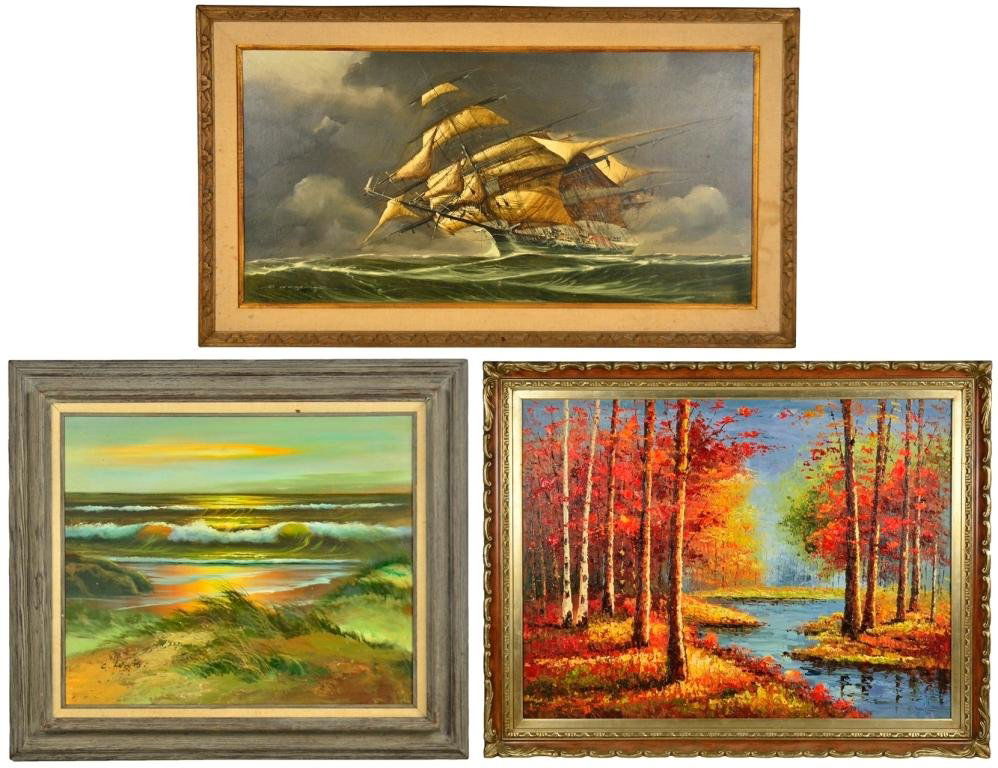 A TRIO OF LARGE OIL PAINTINGS INCLUDES A SHIP AT SEA AN: A TRIO OF LARGE OIL PAINTINGS INCLUDES A SHIP AT SEA AND LANDSCAPES 20th Century A pair of landscape paintings, one featuring a river scene in Autumn, the other a beach scene and an oil painting of a