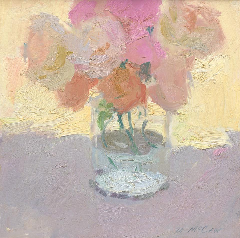 Dan McCaw (American, b. 1942): 12" x 12" board "Harmony." Oil on artist's board, signed in the lower right corner, also signed, titled and dated 1987 on the reverse; framed in carved painted framed with gilt highlights, overall 18"