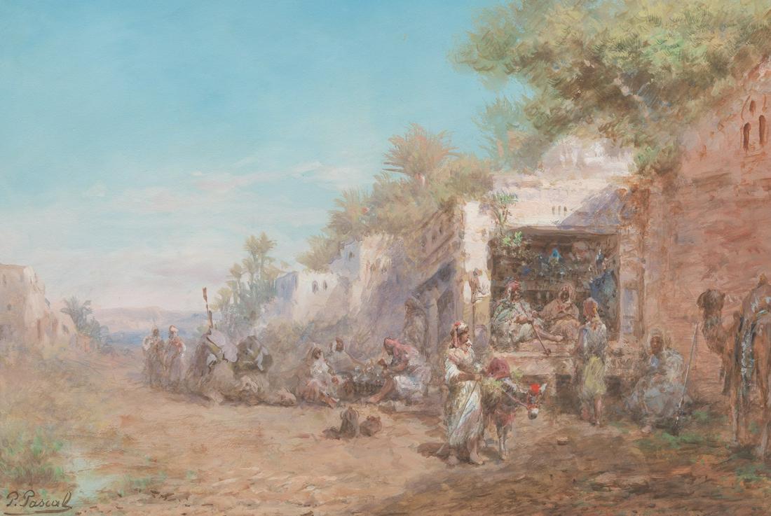 Paul Pascal (French, 1867-1945): 10-7/8" x 16" image Arabic Bazzar. Watercolor on paper, signed in lower left corner, mounted on artistic cardboard, 14" x 19", matted and framed under glass in gilt wood frame, overall 16-5/8" x 21-5/