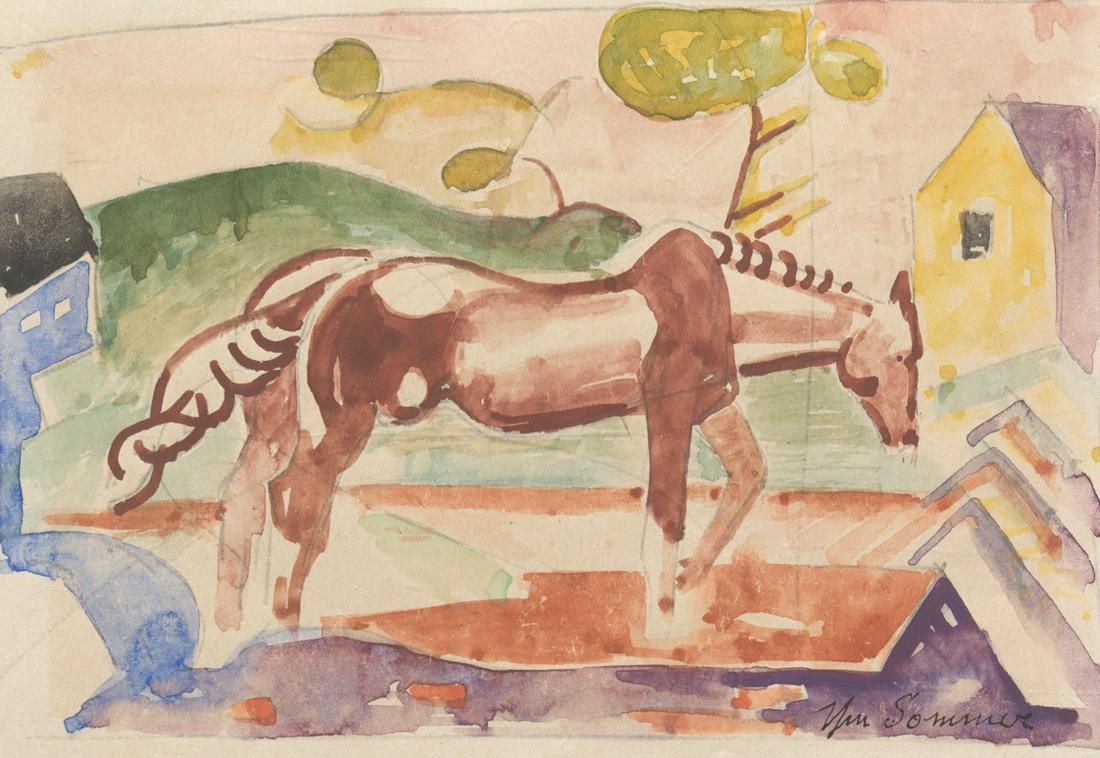 William Sommer (American, 1867 - 1949): 4-5/8" x 6-3/4" Horse in a field. Watercolor on paper, signed lower right corner, sketch in pencil verso, matted under conservation glass, in natural wood frame, overall 9-3/4" x 11-3/4". Artist Name: