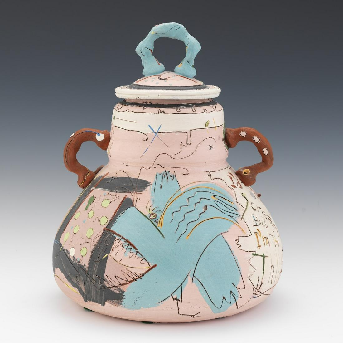 Don Reitz (American, 1929 - 2014): 16" x 12" Lidded vessel. Polychromed ceramic, signed near the bottom. Medium: n/a