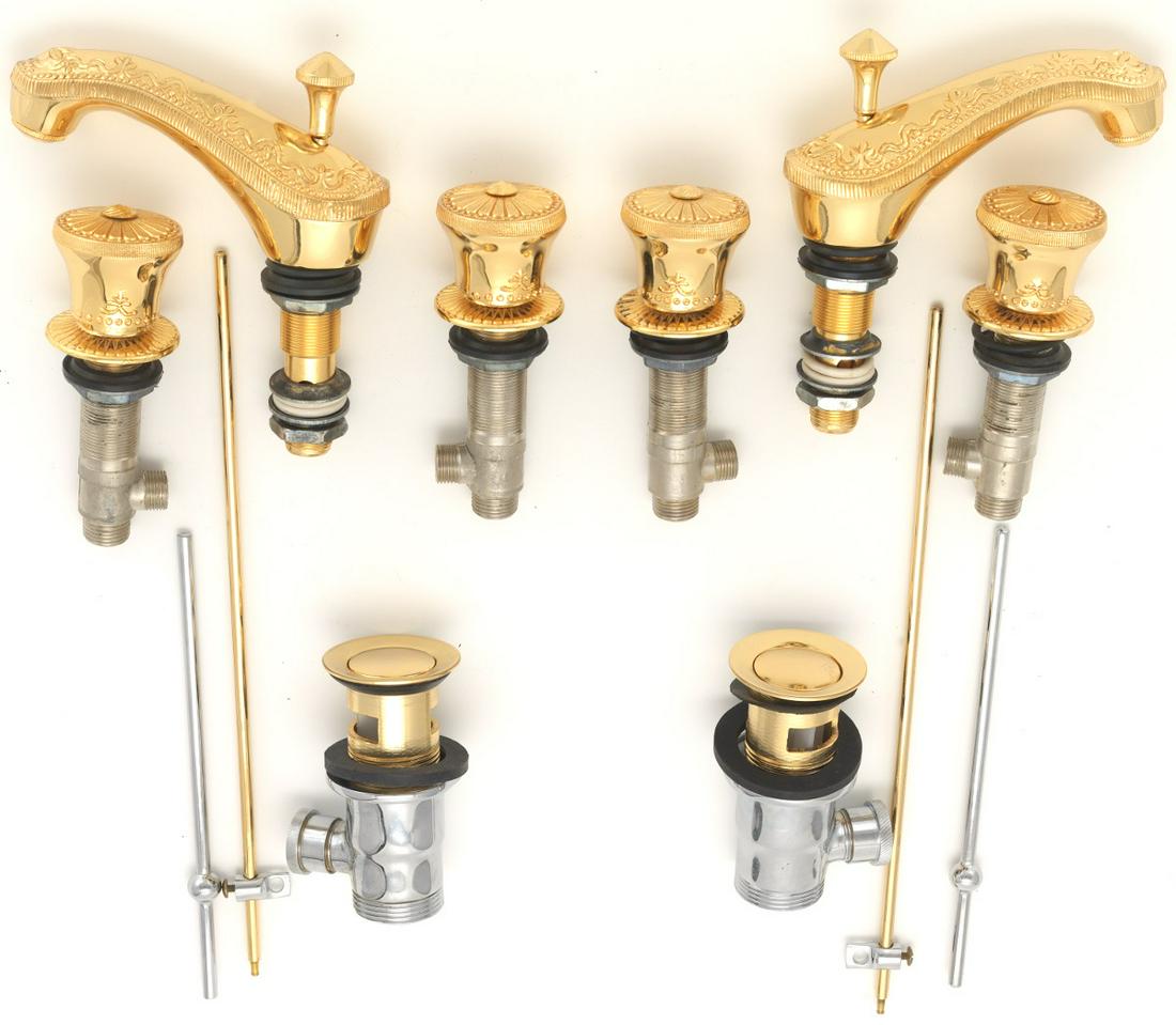 Two Sets of Mata Gold Plated Bathroom Hardware: Two sets including faucets, handles, and drain. Medium: n/a