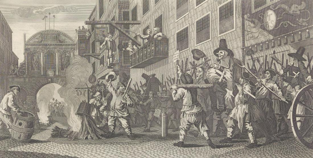 After William Hogarth (1697 - 1764): After William Hogarth (1697 - 1764) 11-1/4" x 20-1/4" "Burning Rumps at Temple Barr" (Plate 11) from Sir Hudibras, 1812. Engraved by Thomas Cook, London: John Stockdale, Piccadilly & John Walker and G