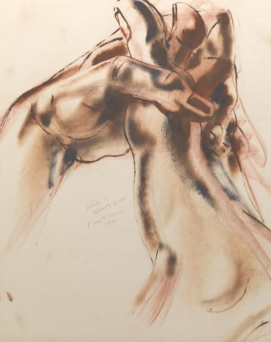 Paul Bough Travis (American, 1891-1975): Paul Bough Travis (American, 1891-1975) 29" x 25" "Study of Hand and Foot", 1935. Color pencil and wash on paper mouted to board, title, date, and signature in pencil in center, matted and framed unde