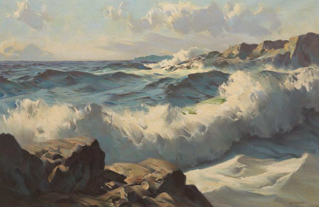 Alphonse Joseph Shelton (English/American, 1905 - 1976): 23-1/2" x 35-1/2" image Seascape. Oil on canvas, signed lower right corner, in a gilt carved frame with antiqued finish, overall 30-1/4" x 43". Old J.J. Gilespie paper label attached on the back. Prov