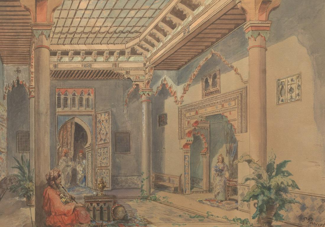 Paul Pascal (French, 1867 - 1945): 15" x 21-1/4" image Palace Court. Watercolor on toned paper, signed lower right corner, matted and framed under glass, overall 23-1/2" X 29-1/2". Provenance: old private collection, Pittsburgh, PA.