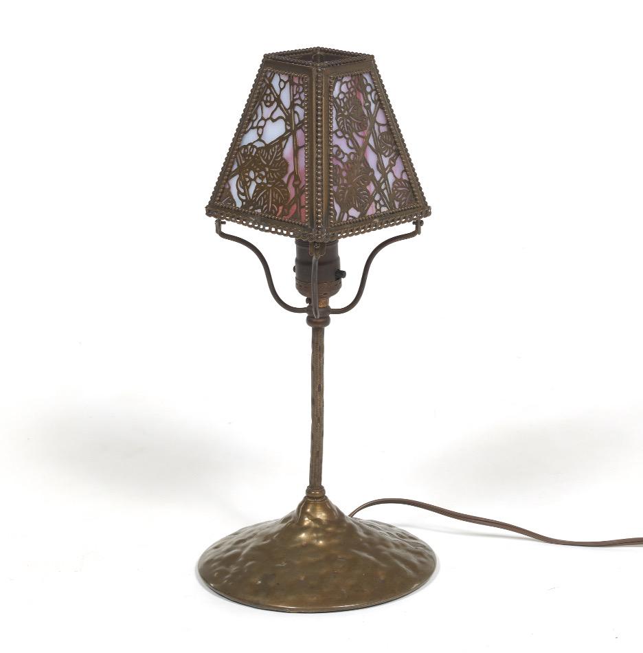 Riviere Studios N.Y. Arts & Crafts Style Boudoir Lamp: 16 1/2" x 7 1/2" Circa 1910 from a studio generally confused to be Tiffany. This particular style may have existed with Riviere first, before Tiffany picked up on the motif. Many Riviere lamps are not