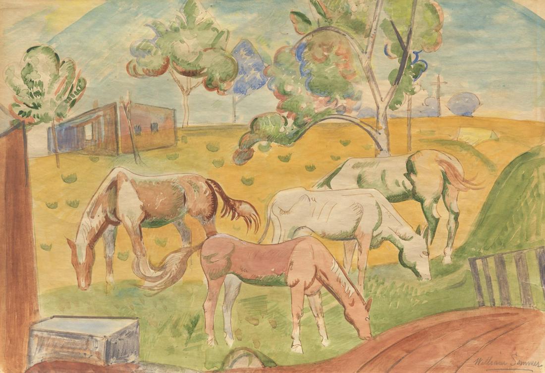 William Sommer (American 1867 - 1949): William Sommer (American 1867 - 1949) 12" x 17" "Horses in Pasture". Watercolor on wove paper, signed in pencil lower right, in a gold tone frame with linen matting and fillet, overall 22" x 27-1/4".