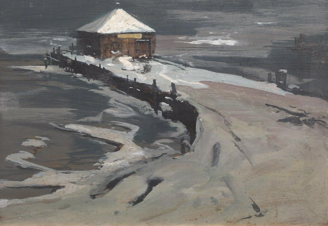 Carl Frederick Gaertner (American, 1898 - 1952): Carl Frederick Gaertner (American, 1898 - 1952) 15" x 21" Winter landscape with pier. Oil on masonite, signed verso, estate stamp on verso and on back of the painted wood frame, overall 17-3/4" x 23-3