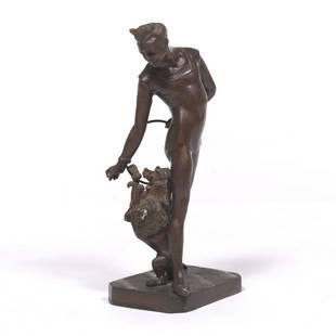 After George de Chemellier (French, 1835 - 1907): After George de Chemellier (French, 1835 - 1907) 15-1/4" x 7" x 6" A reproduction bronze figure titled ''Get Up'', depicting the figure of a circus performer with a trained poodle about to jump throug