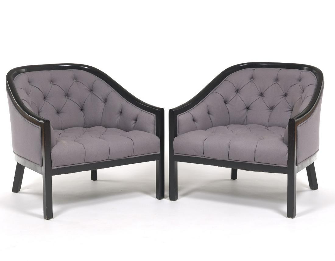 Pair of Tufted Barrel Lounge Chairs: 32" x 28" x 26 ½" With lacquered black exposed wood frames, tight back, deeply button tufted inside seat and back, possibly made by Brickel Associates, designed by Ward Bennett, ca. 1970's. Vie