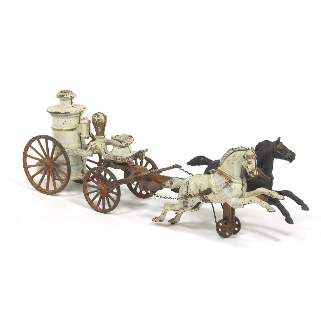 Dent Cast Iron Horse Drawn Fire Pumper: 6-3/4" x 19-1/4" x 5-1/4" Dent Hardware Co. Fullerton, Pennsylvania 1895-1937 (which continued to manufacture cold storage hardware until 1937), articulated horses. View and Bid on