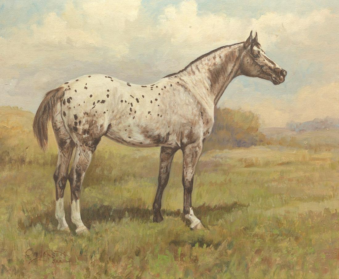 Ole Larsen (American, 1898 - 1984): 20" x 24" "'Simcoe's Secoma' - Grand Champion Appaloosa Stallion". Oil on board, signed lower left, labels verso from Ole Larsen's former home studio in Hinsdale, IL, in a painted distressed wooden fr