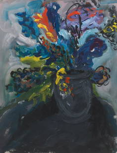 Yehouda Chaki (Canadian, b. 1938): 44" x 34" "Flowers #152-A". Acrylic on paper, signed with titled lower left corner, floated under plexiglass in contemporary wood frame, overall 49" x 37-3/4". Odon Wagner Gallery label verso. View an