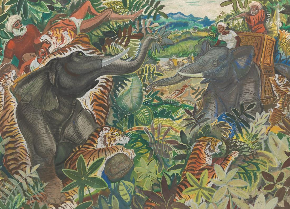 Paul Bough Travis (American, 1891 - 1975): 20-5/8" x 28-1/2" "Maharaja's Hunting Party", 1959. Watercolor on paper, signed and dated twice on the front lower right corner, signed, titled, and dated verso, hinged to foam core under conservation