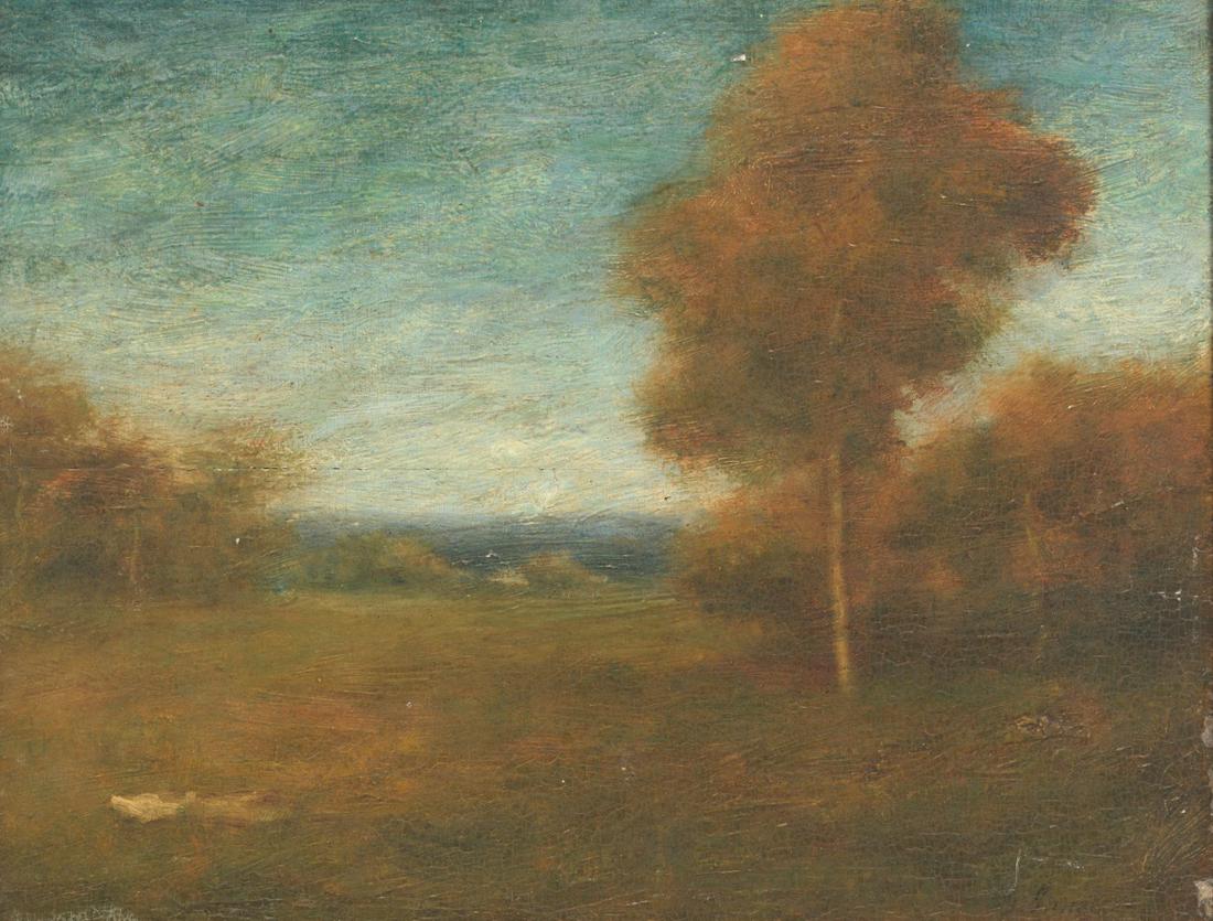 Attributed to George Inness Jr. (French/American, 1854: 13" x 16-1/2". Landscape at twilight. Oil on chamfered wood panel, signature at lower right, in a gilt frame with George Inness Sr. nameplate, overall 17-1/2" x 21".