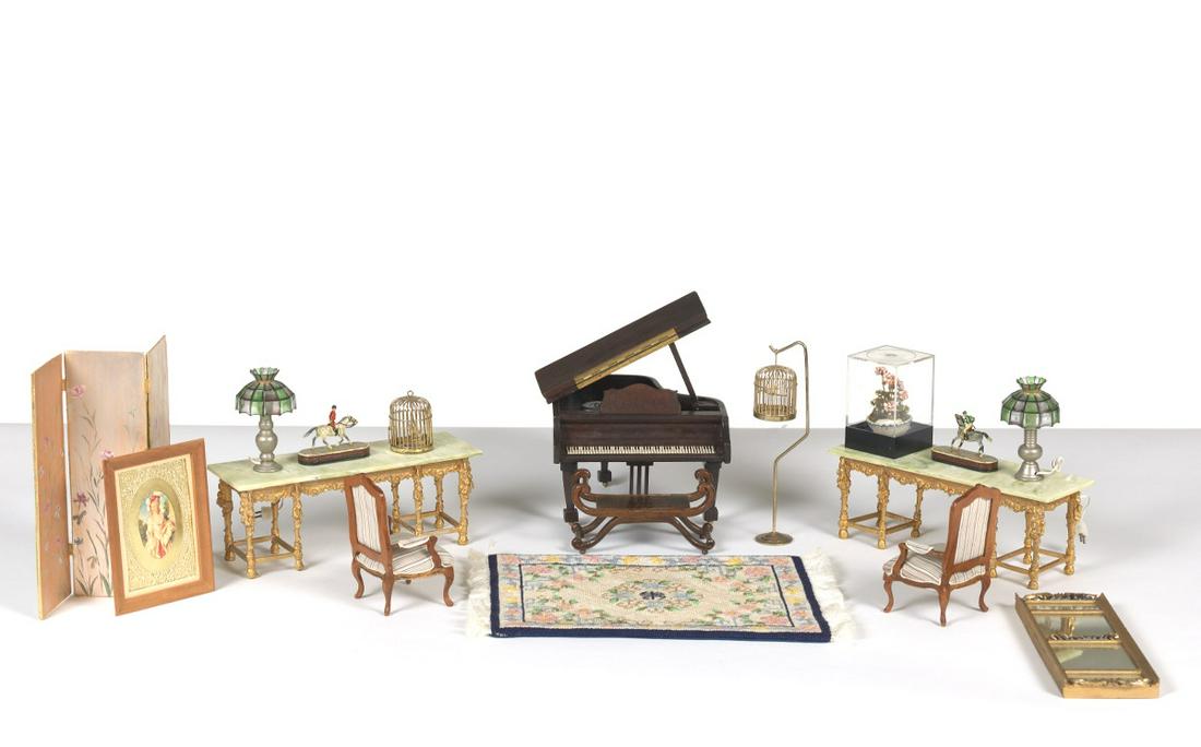Vintage Doll House Musical Salon with Piano Music Box: Doll house musical salon, total 17 pieces, including: piano music box with Thorens movement made in Switzerland, bench, two Louis XV style carved gilt and marble console tables, two armchairs, two lam