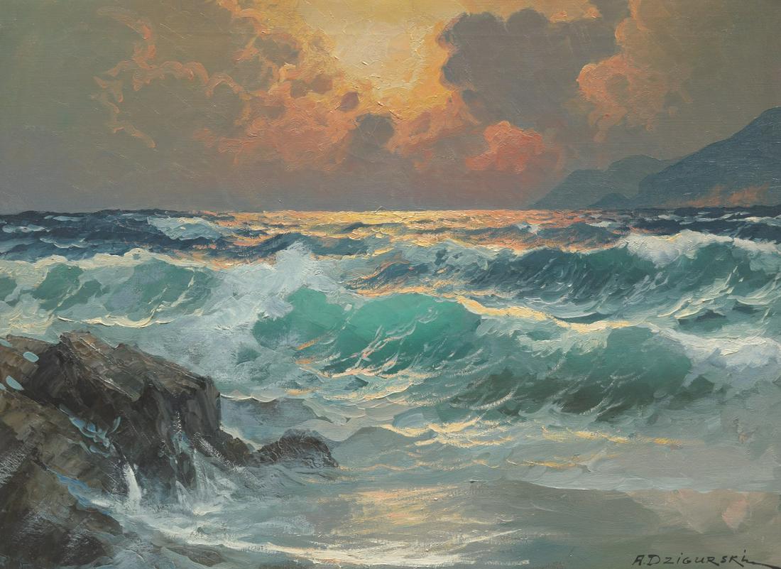 Alexander Dzigurski (Yugoslavian/American, 1911 - 1995): 21" x 29" "Evening Sunset". Oil on canvas, signed lower right, in a distressed painted wood frame with linen liner, overall 28" x 35-1/4". Stamp verso on canvas "Copyright Reserved by Prof. ALEX DZIGU