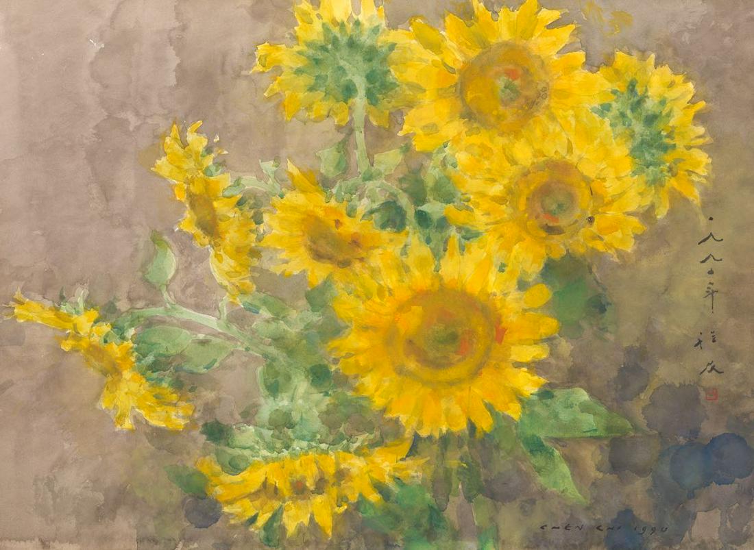 Chen Chi (Chinese/American, 1912 - 2005): 22" x 29-7/8" paper Sunflowers, 1990. Watercolor over graphite on BFK Rives paper (watermarked along the left edge), signed and dated in lower right corner, also signed in Chinese along the right edge
