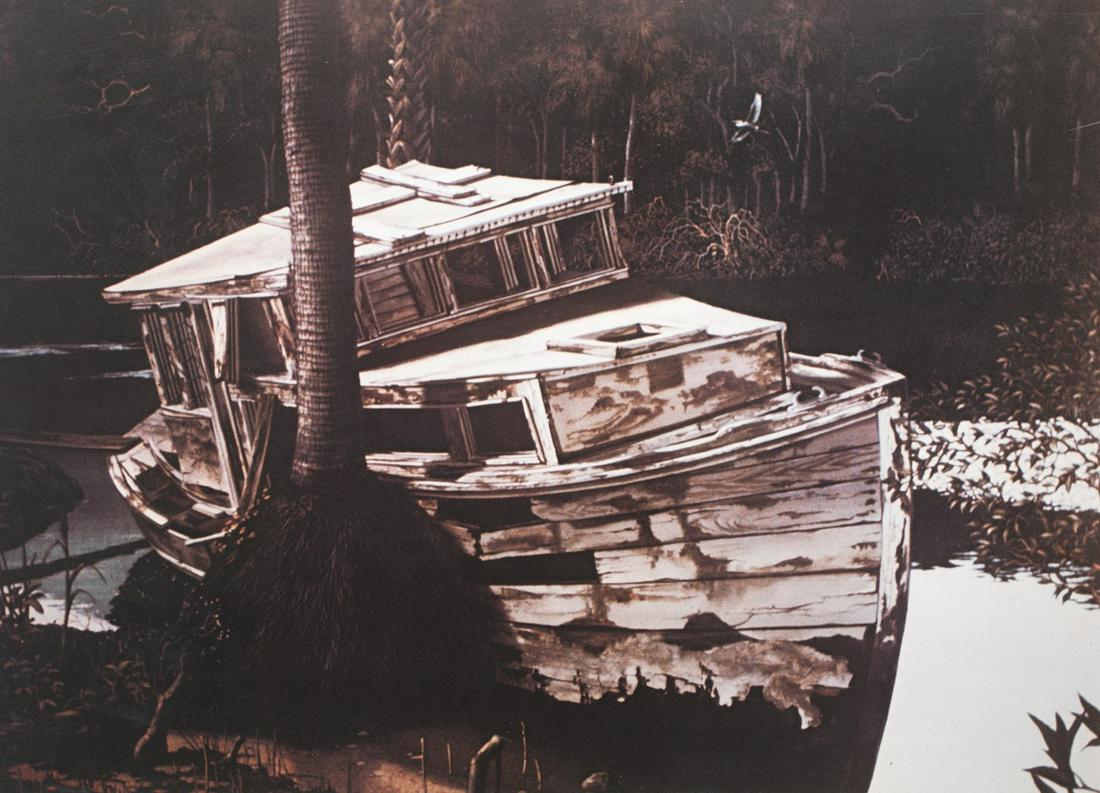 David Mann (American, 20th Century): 18" x 25" image size "The Old Boat". Limited edition lithograph, signed in pencil lower right, numbered lower left 831/1000, double mat under plexiglass in gilt frame, overall 28-3/4" x 35-1/2". View