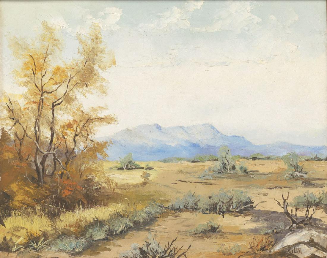 William Posey Silva (Americna, 1859 - 1948): 16" x 20" Western landscape. Oil on canvas, signed lower right corner, in natural wood frame, overall 147-5/8" x 21-5/8". View and Bid on AspireAuctions.com