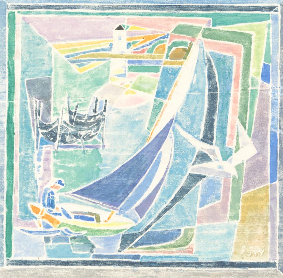Ferol Sibley Warthen (American, 1890 - 1986): 7-1/8" x 7-1/8" image; 11-1/2" x 11-1/2" paper "Sailboat and Gull", 1975. Color woodcut on paper, signed in pencil lower rlght, titled with print #57 in pencil lower left, embossed FSW lower right in