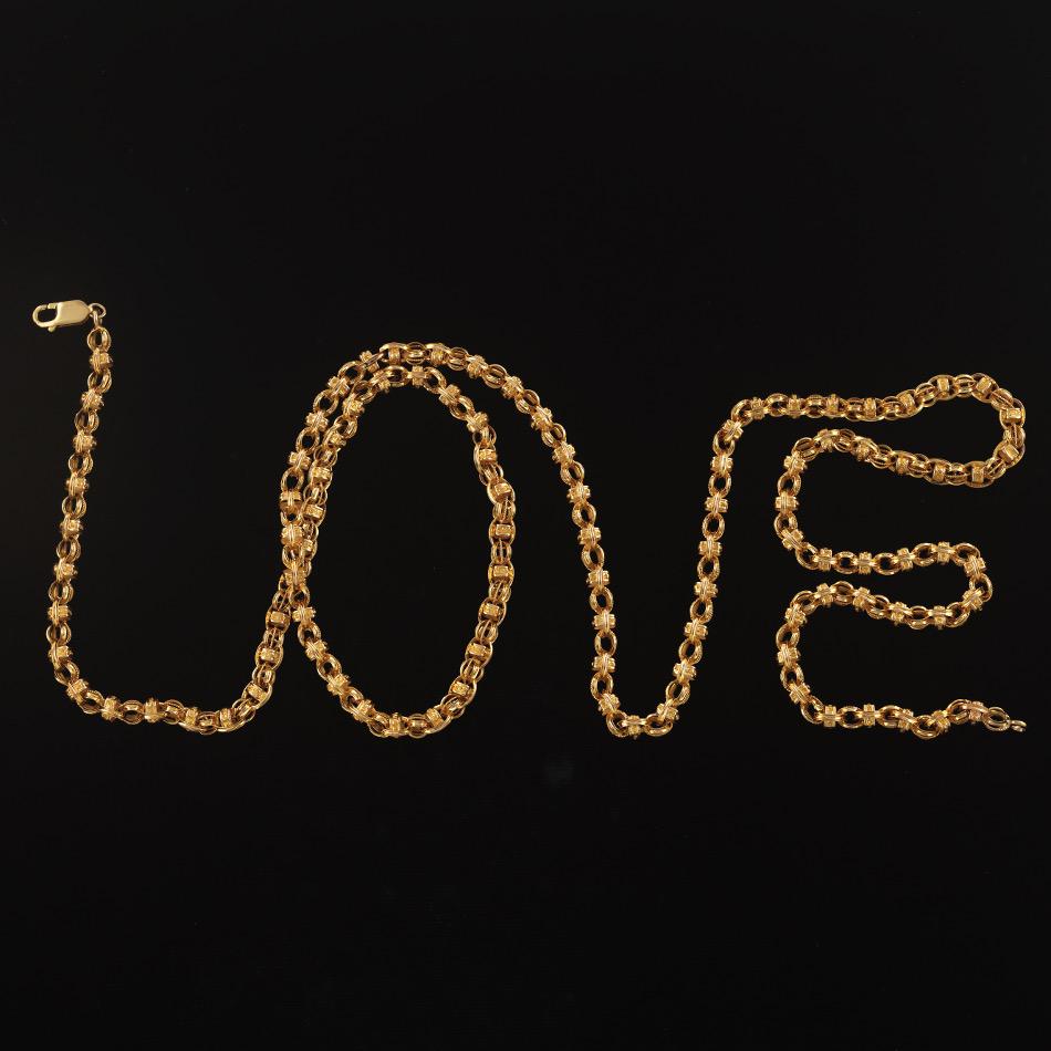 Byzantine Antique Style Fancy Link Long Chain Necklace: 39'' x 3/16'' 14k yellow gold fancy link long Byzantine style necklace with lobster clasp; marked on the clasp; overall weight 34.0gm. View and Bid on AspireAuctions.com