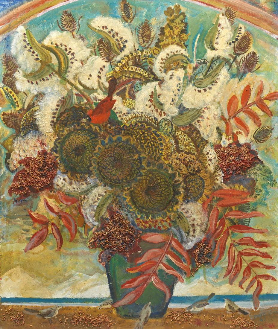 Paul Bough Travis (American, 1891-1975): 29-3/4" x 25" "Winter", 1965. Oil on masonite panel with seeds, signed and dated lower right, 50th Annual May Show, May 1, 1965 Cleveland Musuem of Art label verso, framed, overall 35" x 30". View and