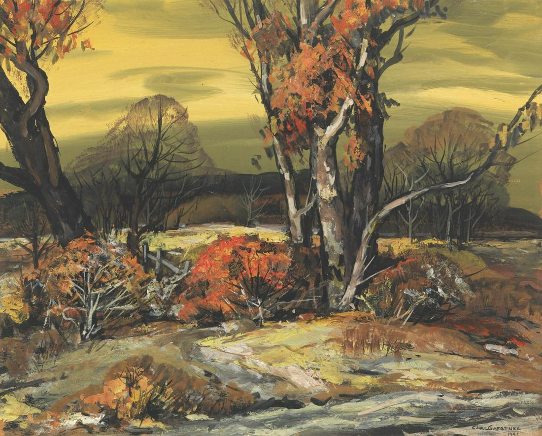 Carl Frederick Gaertner (American, 1898 - 1952): 17-1/4" x 21-1/4" image size Autumn in the woods, 1941. Oil and gouache on masonite, signed lower right corner, in black stained wood frame, overall 21-1/4" x 25-1/2". View and Bid on