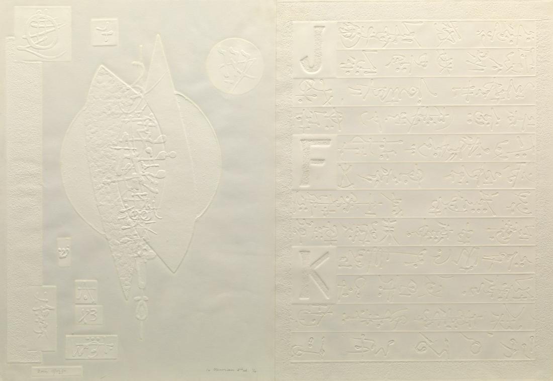Boris Margo (Ukrainian/American, 1902 - 1995): 25-3/4" x 38" "In Memorium (JFK). Intaglio etching in white, signed, numbered, and titled in pencil, 2nd edition 1/50, floated in a metal frame, overall 29" x 41". View and Bid on