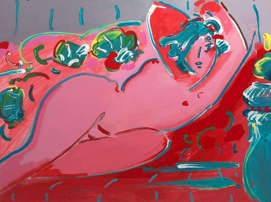 Peter Max (German/American, b. 1937): 30" x 40" "Reclining in Bed", 1988. Color serigraph, edition 196/300, signed in pencil lower right, numbered lower left, printed by Soma Fine Art Press, Peter Max and printer blind stamps lower left,