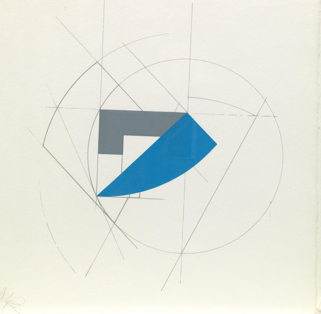 John Pearson (American, b. 1940): 11-1/2" x 11-1/2" Untitled, 1981. Silkscreen in colors, signed in pencil lower right, inscribed "Xmas 1981 Best Wishes For the New Year" lower left, in a metal frame, overall 12-1/4" x 12-1/4". View a