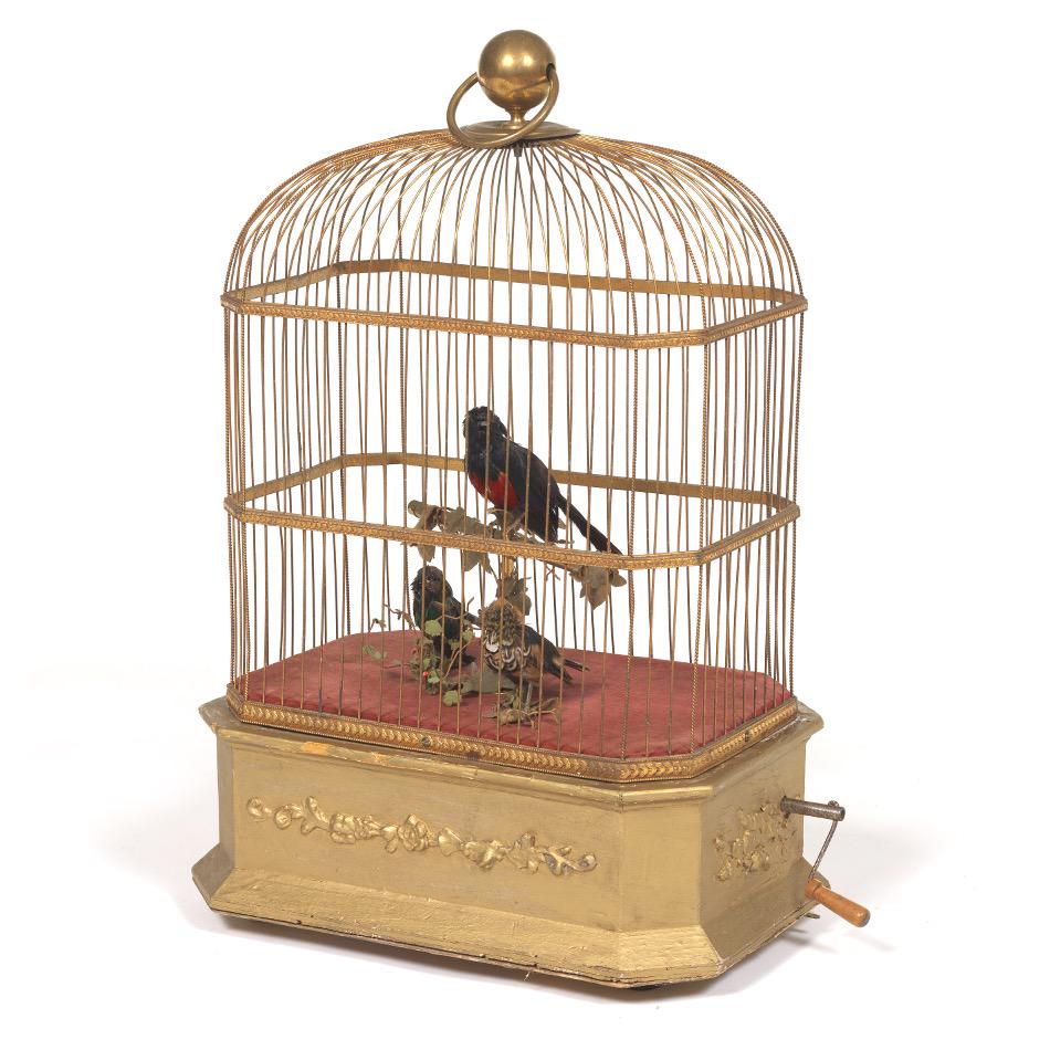 Blaise Bontems Triple Bird Cage Automaton ca. 1880: 23-1/2" Bird cage with three singing birds which chirp when operating, the cycle of operation determined by gears and levers. One bird will start the action, the others follow the predetermined series