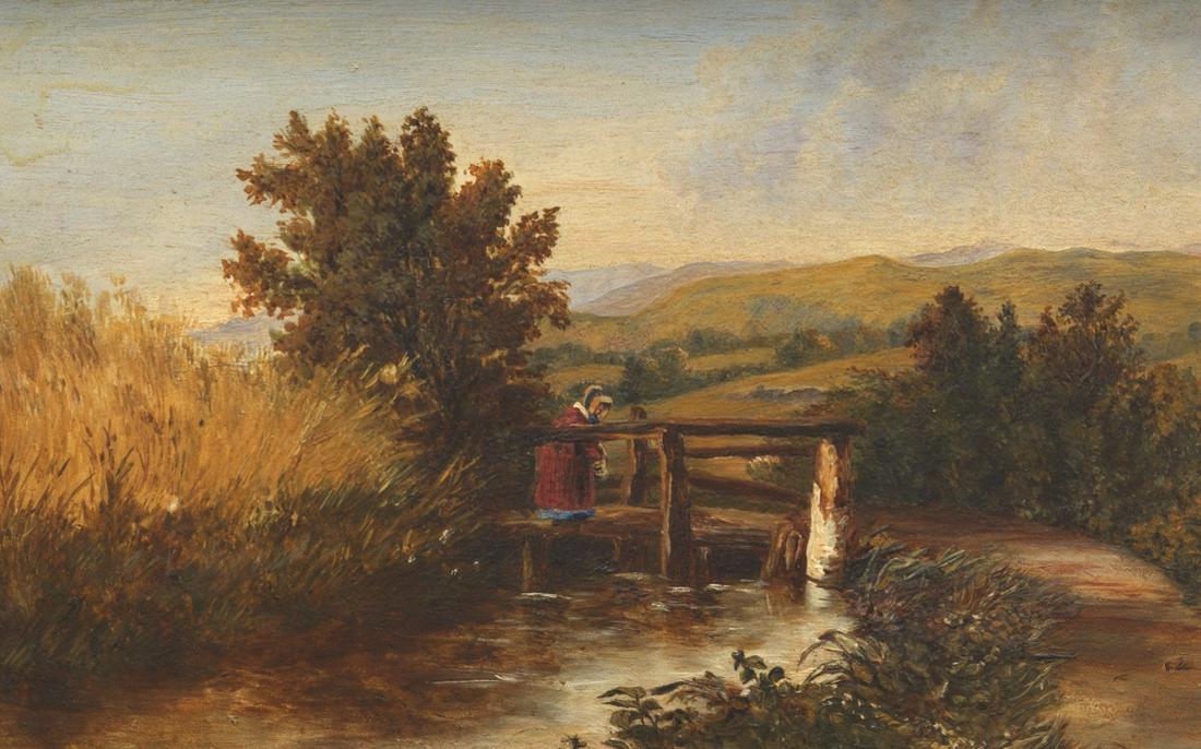 Attributed to James Ward (British, 1769 - 1859): 8-3/4" x 11-3/4" Woman on bridge in country landscape. Oil on board, vague signature lower left corner, in a gilt wooden frame, overall 17" x 21-1/4". Looking Glass Gallery, London label verso; also l